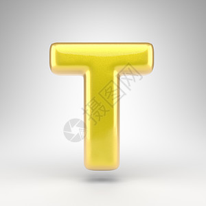 白色背景上的大写字母 T 具有光滑金属表面的黄色汽车油漆 3D 字母背景图片