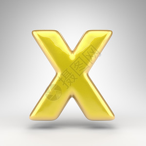 白色背景上的字母 X 大写 具有光滑金属表面的黄色汽车油漆 3D 字母背景图片