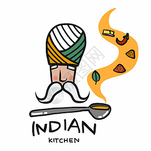 印度厨房标志与汤匙与许多香料气味卡通矢量图案图片