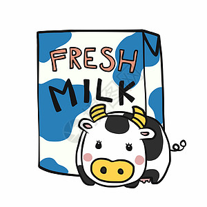 新鲜牛奶盒和可爱奶牛漫画矢量插图图片