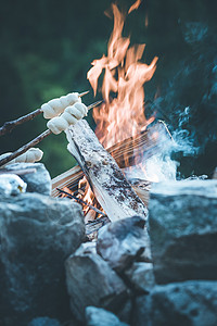烤面包在火上 烧烤室外蓝色派对旅行烧伤火焰野餐朋友们情绪荒野面包图片