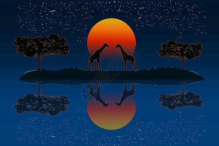 日落时非洲草原上几只长颈鹿图片