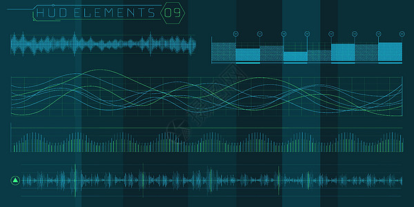 一套未来界面的 HUD 波浪元素网络数据震动技术科学插图频率图表显示器软件图片