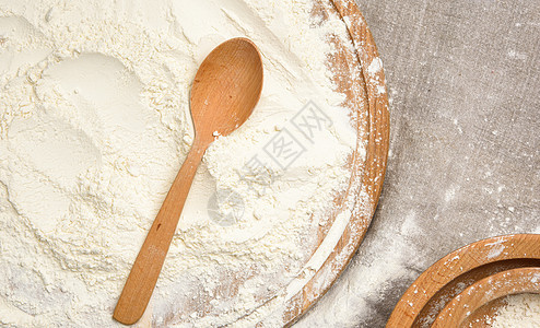 顶视图木勺白面面粉白色餐巾粮食粉末厨房营养勺子烘烤木头美食图片