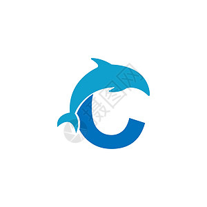 海豚与字母 C 标志图标设计概念向量模板尾巴海洋海滩蓝色荒野旅行酒店身份跳跃哺乳动物图片