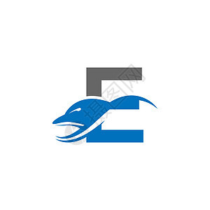 海豚与字母 E 标志图标设计概念向量模板图片