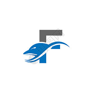 海豚与字母 F 标志图标设计概念向量模板图片