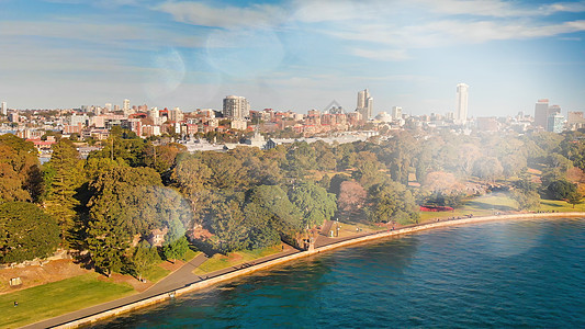 悉尼港的悉尼天线空中观察全景歌剧摩天大楼码头高楼建筑学房子建筑地标日落图片