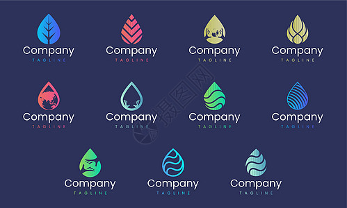水滴形状抽象标志设计模板 适合任何代表自然的商业品牌的图形元素集收藏温泉雨滴标识活力叶子海洋地球气泡波纹图片