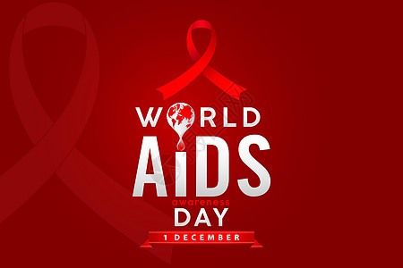 红色背景的世界艾滋病日标志  HIV 世界艾滋病日意识 12 月 1 日插图与红丝带海报传单横幅红丝带和红色背景地球血滴文本效果图片