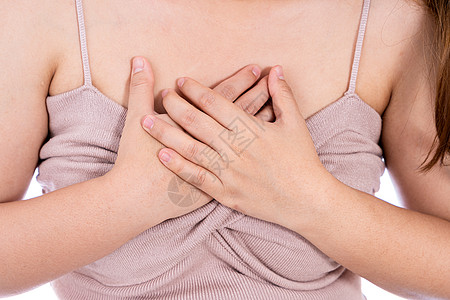 妇女触摸她的心脏或胸部 孤立的白种背景 保健医疗或日常生活概念 以及情况胸肌酸度失败攻击中风心血管伤害哮喘肠胃图片