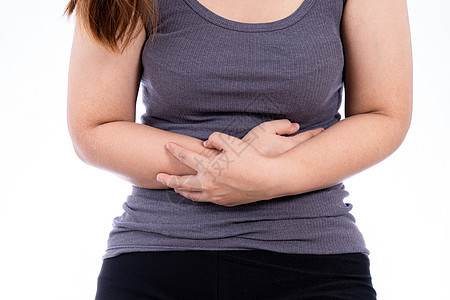 患有胃痛和外伤的妇女与世隔绝的白种背景 保健和医疗概念以及肠炎疼痛盐水治疗女士肿瘤癌症胃炎医院腹痛图片