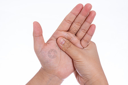 人体手按摩她的手与世隔绝的白种背景 医疗 为广告概念提供保健理疗痛风身体疾病手指治疗解剖学手臂伤害神经病图片
