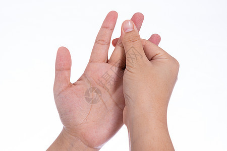 男人用手按摩她的手指 隔绝白种背景 医疗 为广告概念提供保健理疗解剖学风湿治疗药品腕骨成人软骨手臂痛风图片