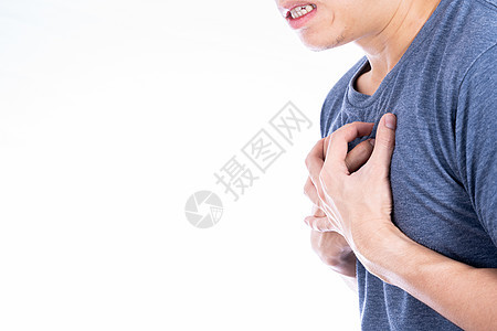 男人触摸他的心脏或胸部 孤立的白种背景 保健医疗或日常生活概念中风压力肠胃疾病酸度伤害心肌痛苦症状情况图片