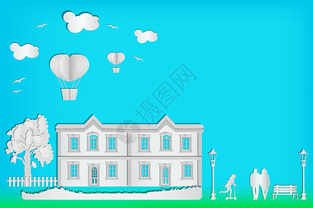 房子树人街灯热气球和蓝天背景上的云图片