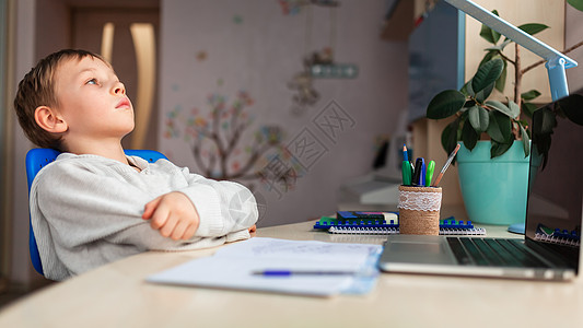 在家做功课时在家学习的可爱小男孩 远程教学在线教育 续停留班级家庭作业职场电脑工具导师写作瞳孔笔记本图片