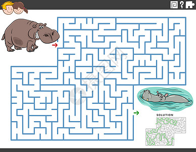 具有有趣河马动物角色的迷宫教育游戏图片