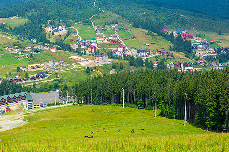 夏季日的山上滑雪山坡 绿山背景景观闲暇全景森林地标爬坡旅游国家假期小屋住宅图片