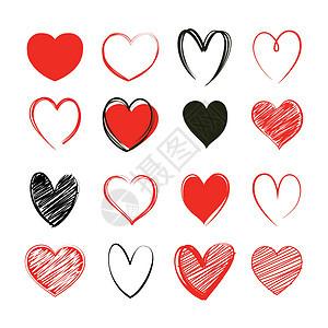 红心情人节符号集 爱图标手绘孤立在白色背景上图片