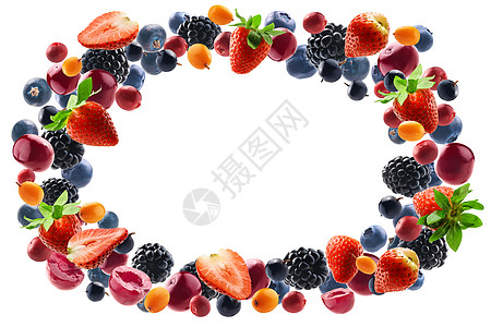许多不同的浆果 以白色背景的框形形式呈现食物营养团体框架飞行饮食悬浮沙棘空气收藏图片