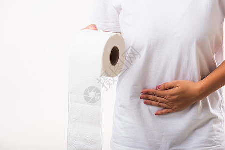 妇女拉肚子便秘 手握卫生纸卷着手 她腰部下腹部洗手间壁橱厕所生殖器膀胱感染女性中毒卫生间女士背景图片