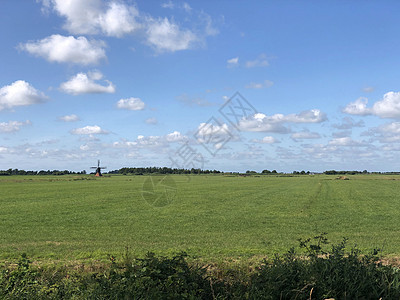 荷兰风车风车景观天空农田草地背景图片