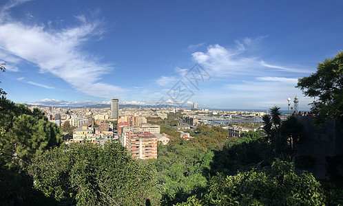 巴塞罗那全全景市观摩天大楼房子港口天线城市住房缆车旅游图片