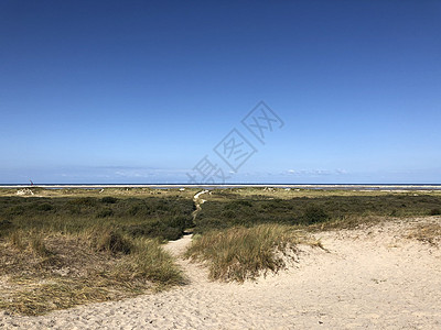 博尔库姆岛海滩蓝色晴天海洋沙丘沿海波浪小路支撑海岸地平线图片