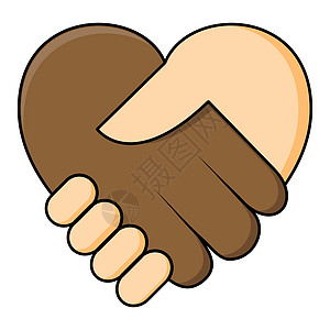 没有种族主义-以心形握手 两只手握手时皮肤黝黑白皙 种族平等概念图标 也非常适合不同种族之间的协议或合同的象征图片