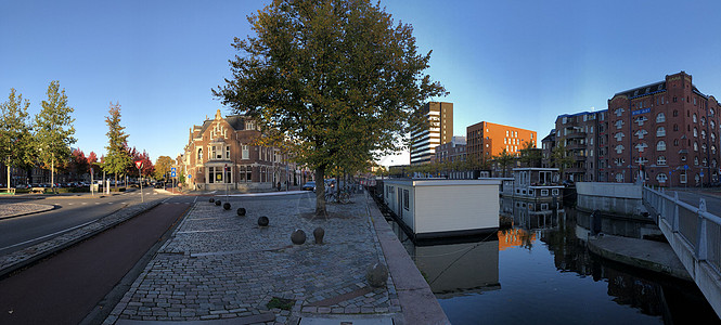 格罗宁根运河的全景城市住房运河反射建筑学图片