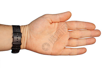 手势 - 用黑色手表带的男性手掌 被隔离图片