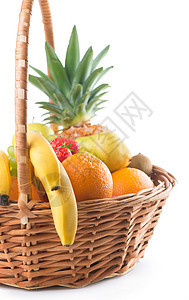 白背景的篮子里新鲜水果饮食菠萝植物热带杂货店收成杏子团体农业蔬菜图片