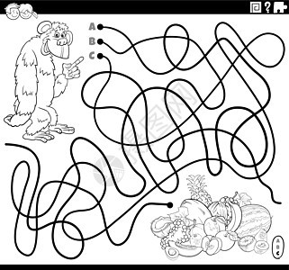 带有卡通大猩猩和水果着色书页的线迷宫图片