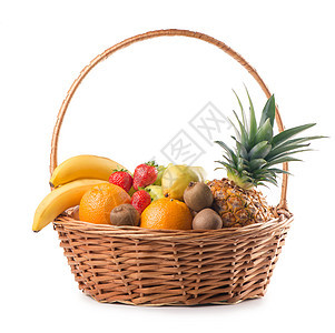 白背景的篮子里新鲜水果橙子饮食蔬菜菠萝营养杂货店柳条植物香蕉农业图片