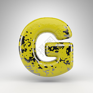 白色背景上的字母 G 大写 光泽金属质感上带有旧黄色油漆的 3D 字母背景图片
