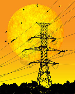 电线上的鸟工业场景剪影金属鸟类建造电力天空插图草图图片