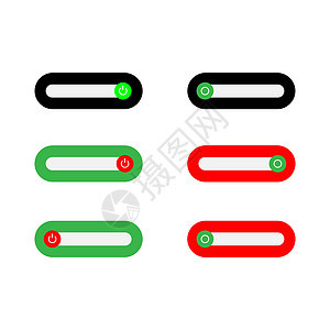 一组 6 个开/关滑块式电源按钮 带有红绿和黑色背景特写按钮用红色圆圈包围 打开按钮用绿色圆圈包围图片
