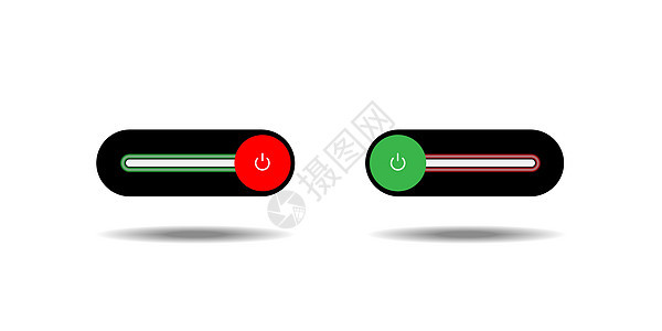滑块式电源按钮 带有闪亮的绿色和红色阴影霓虹灯按钮 黑色背景圆形 On Off 按钮封闭在白色背景的红色圆圈中图片