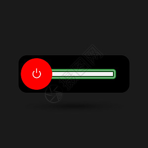 滑块式电源按钮 带有闪亮的绿色阴影霓虹灯按钮 黑色背景圆形 The Off 按钮封闭在黑色背景中的红色圆圈中电脑技术徽章界面导航图片