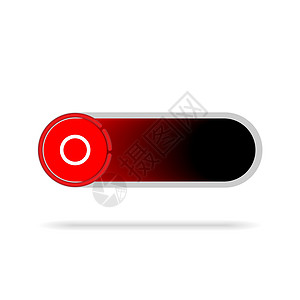 On Off 开关切换 - 带有闪亮红色霓虹灯的滑块式电源按钮逐渐变为黑色按钮圆形背景The On Off 按钮被封闭在白色背景图片