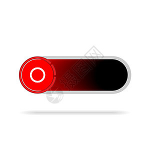 On Off 开关切换 - 带有闪亮红色霓虹灯的滑块式电源按钮逐渐变为黑色按钮圆形背景The On Off 按钮被封闭在白色背景图片