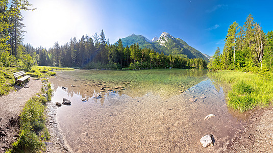 阿尔卑斯山地貌全景观的Hinterse湖场景爬坡游客旅游高山风景首都蓝色天空建筑图片