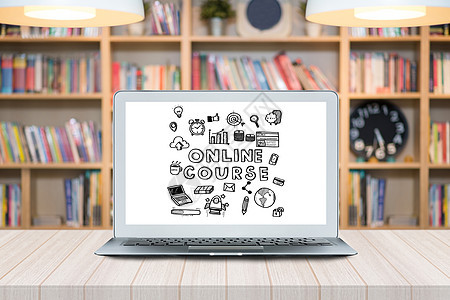 智能笔记本电脑 在木制桌上的屏幕上提供涂鸦在线课程 图书馆背景书籍图片