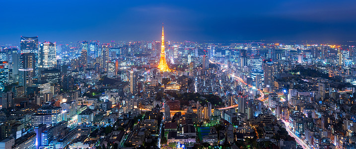 东京塔的全景和日本东京Roppongi山边东京市景景观办公室地标吸引力城市摩天大楼蓝色日落游客市中心原宿图片