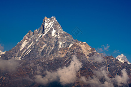 尼泊尔的鱼尾峰或马查普沙雷山 蓝天背景清晰辉光风景日落高度旅行爬坡旅游鱼尾森林蓝色图片