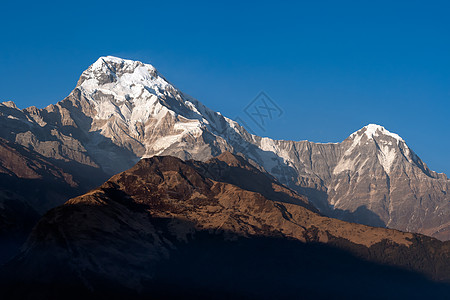 Annapurna 南部山峰 尼泊尔蓝天空背景日落旅游远足假期吸引力顶峰高度森林鱼尾风景图片