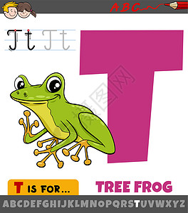 带有卡通树蛙 anima 的字母表中的字母 T图片