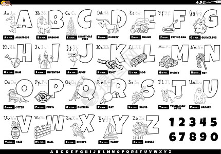 黑色和白色字母与卡通人物和对象 se卡通片墙纸英语资产游戏学校语言填色本幼儿园插图图片