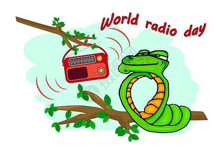 与在白色背景隔绝的收音机的蛇 可爱的绿蛇在树枝上听音乐图片